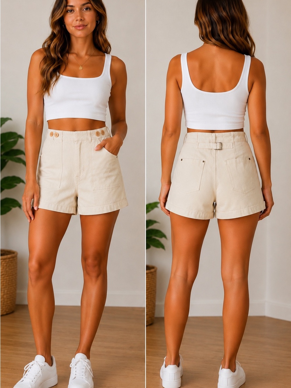 PILCRO by Anthropologie Cream High-Rise Belted Utility Shorts